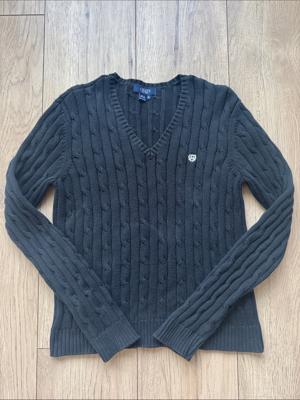 Chaps Ralph Lauren Women’s M Cable Knit Sweater Black V Neck Cotton Logo Preppy